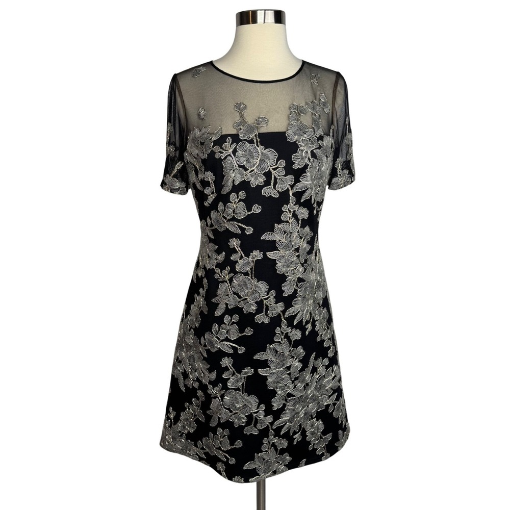 Tadashi Shoji Black Sheer Silver Floral‎ Embroidered Cocktail Evening Dress Sz 6